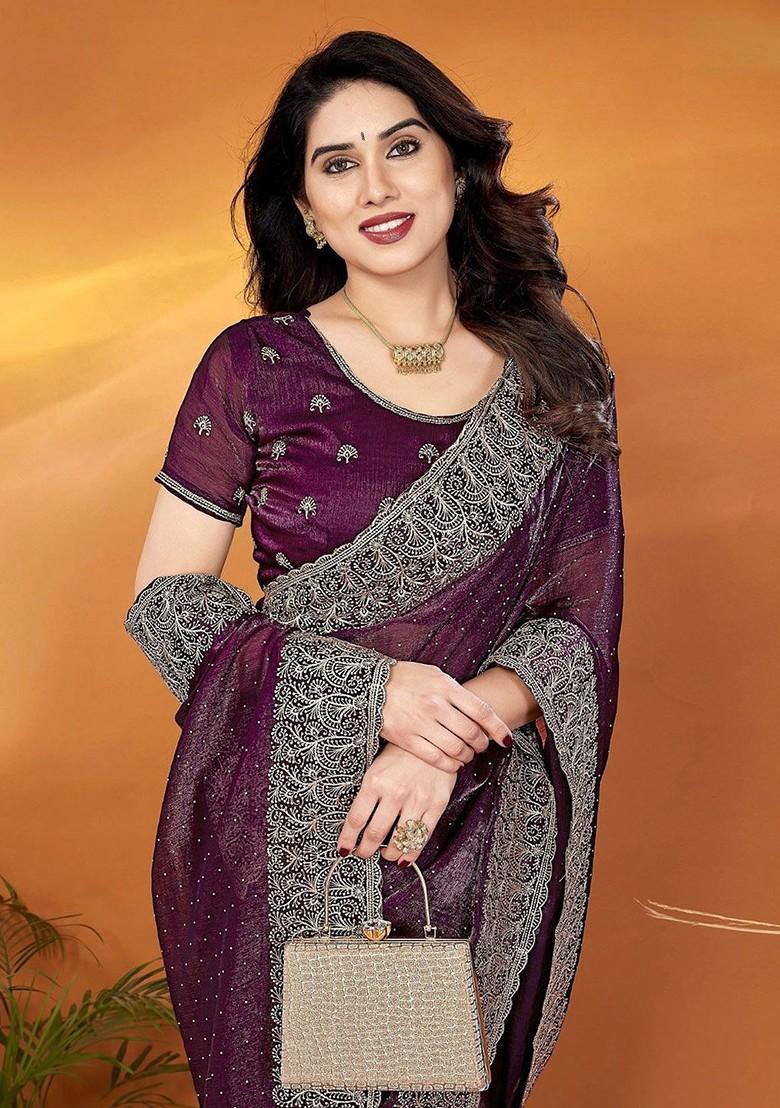 Purple Embellished Blended Saree Set - Indya