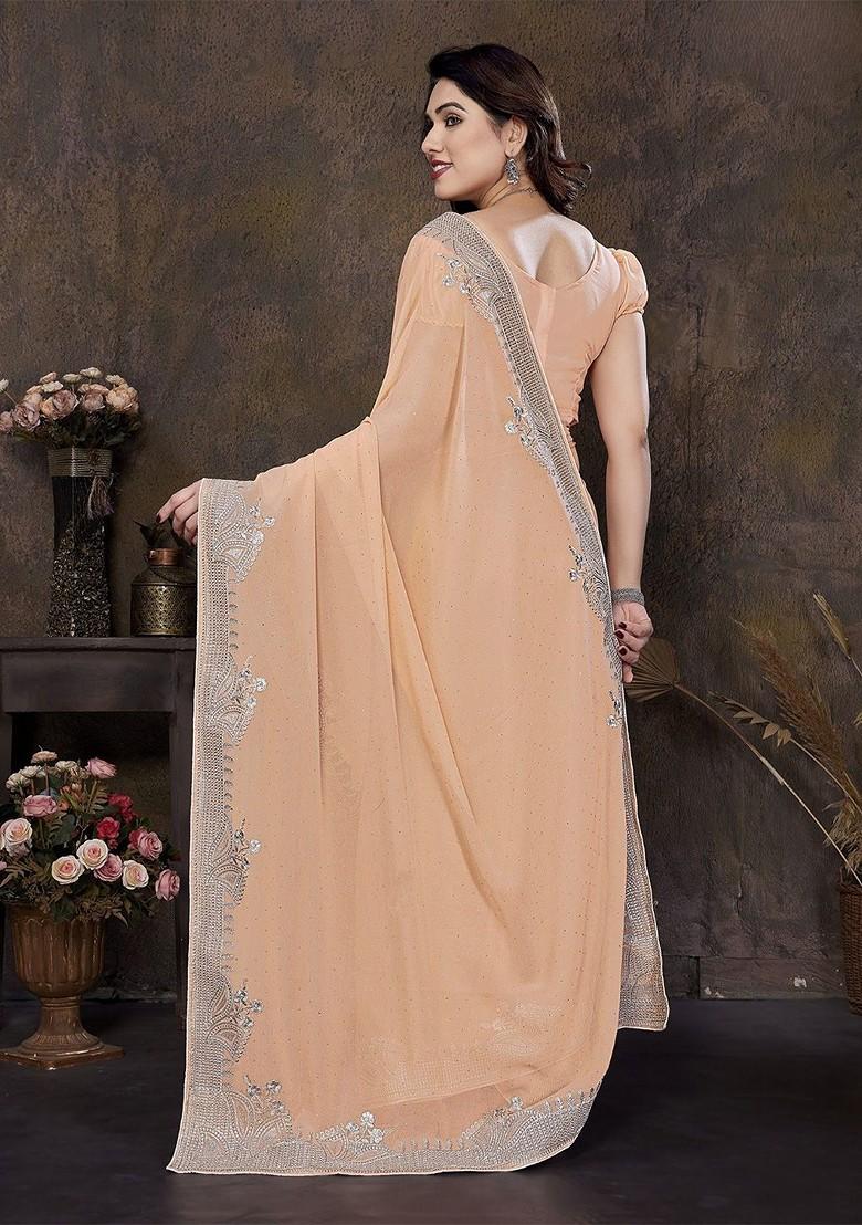 Peach Embellished Blended Saree Set - Indya