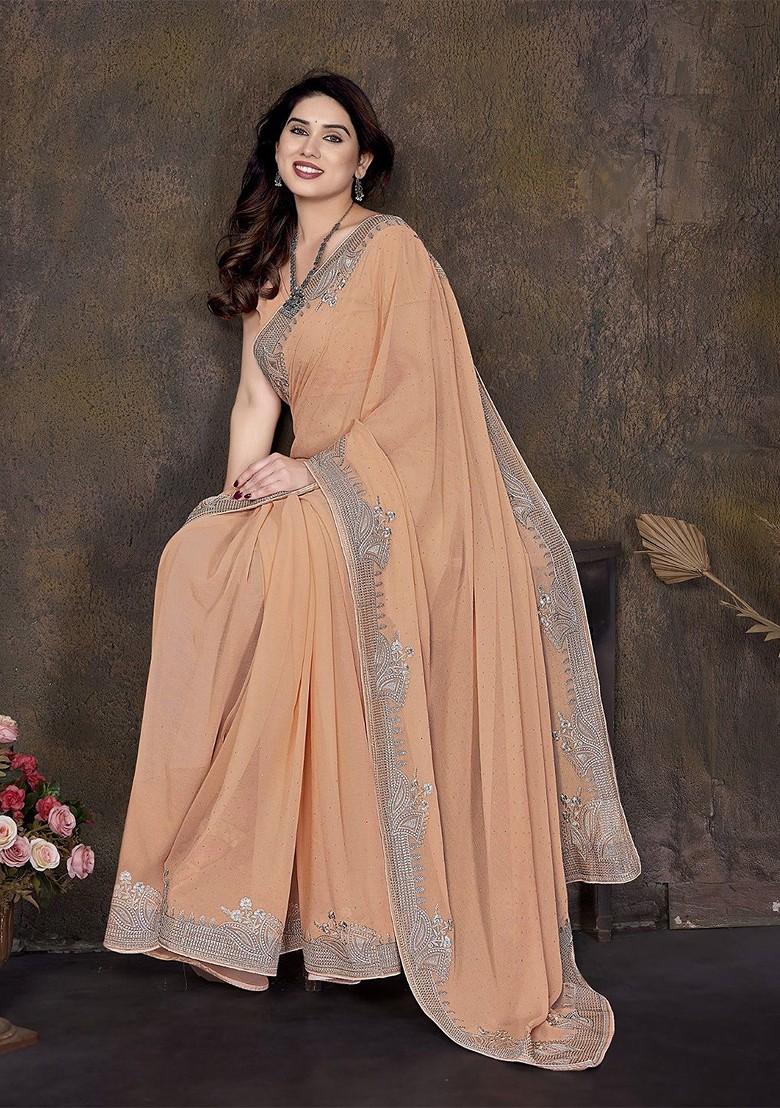 Peach Embellished Blended Saree Set - Indya