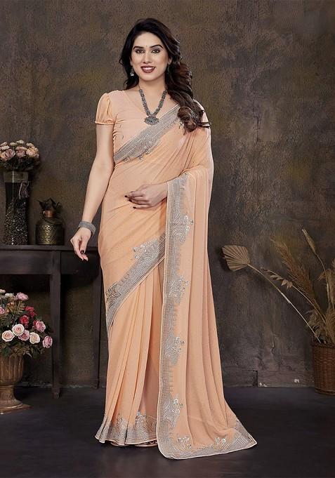 Peach Embellished Blended Saree Set