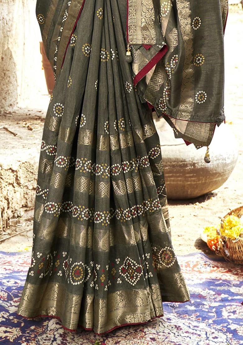 Green Zari Printed Blended Saree Set - Indya