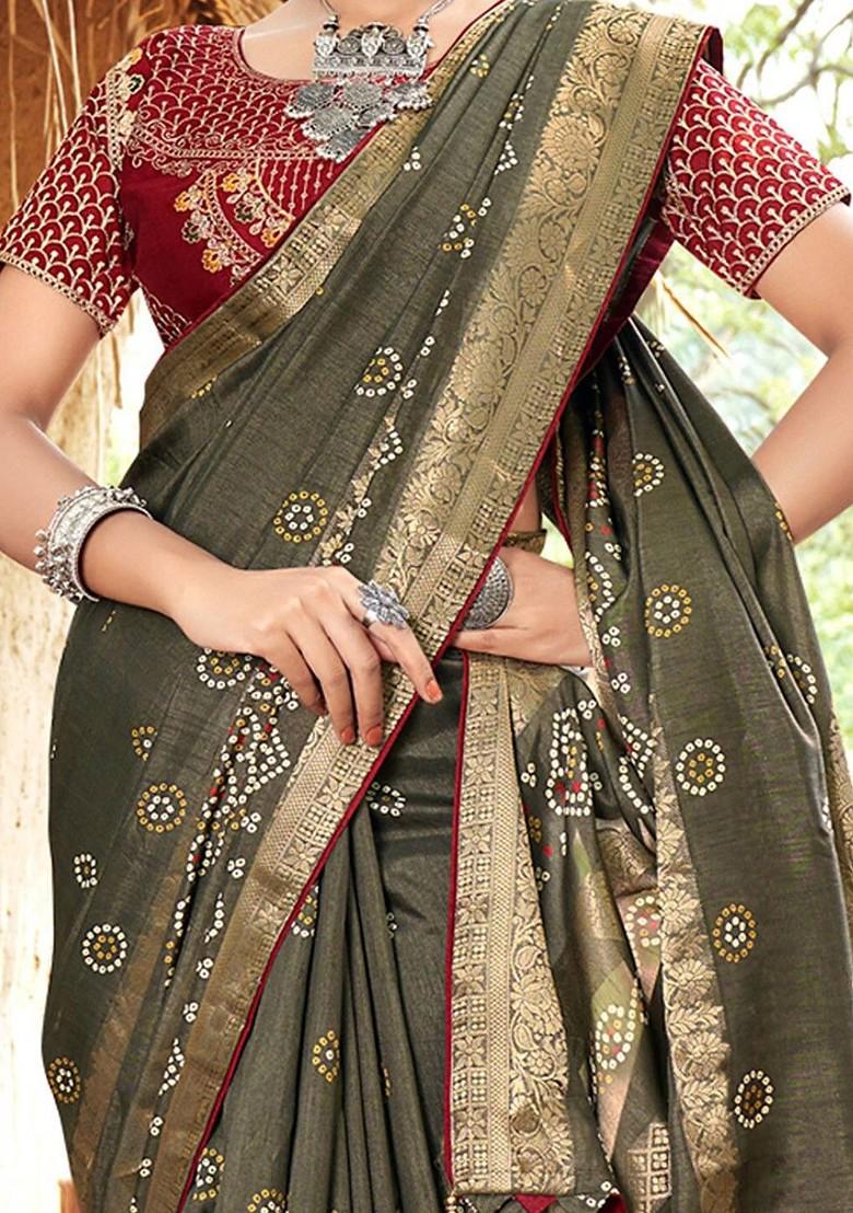 Green Zari Printed Blended Saree Set - Indya