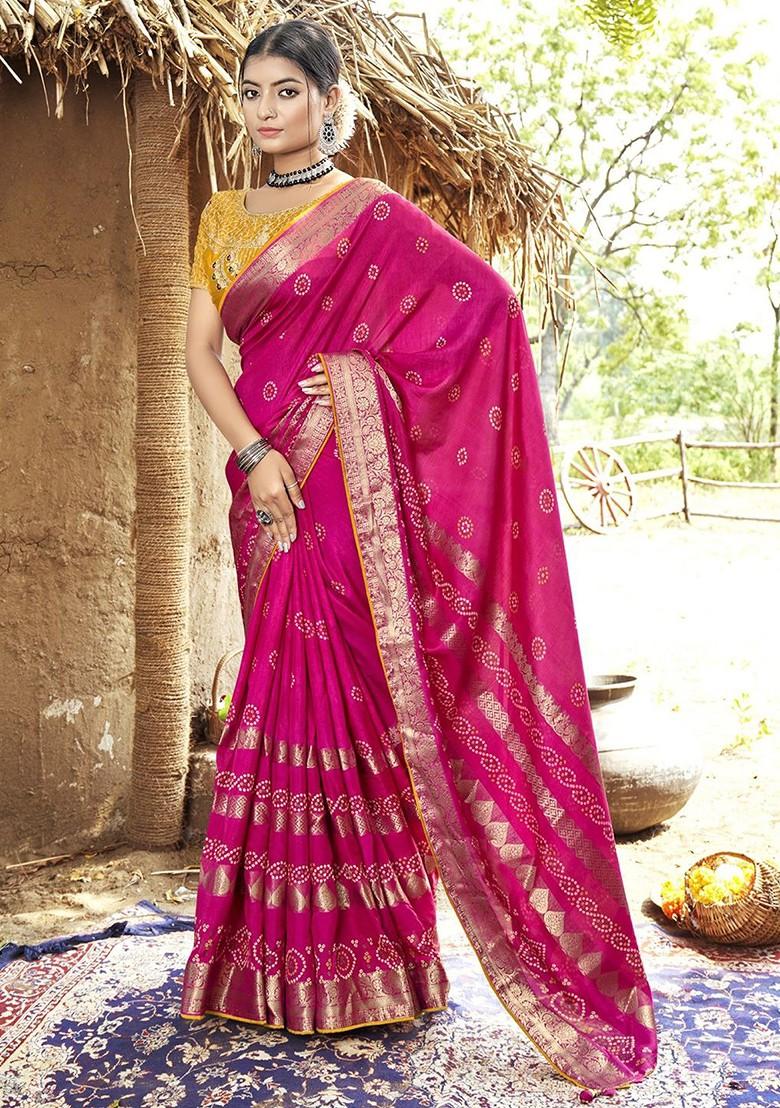 Pink Zari Printed Blended Saree Set - Indya