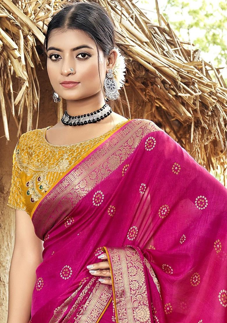 Pink Zari Printed Blended Saree Set - Indya