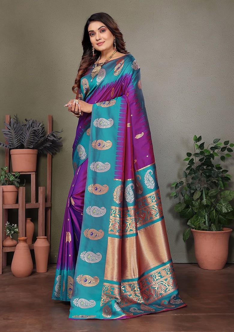 Purple Zari Printed Blended Saree Set - Indya