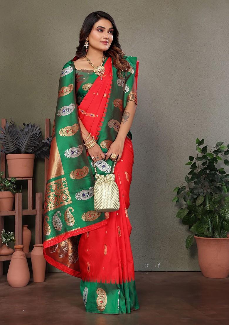 Red Zari Printed Blended Saree Set - Indya