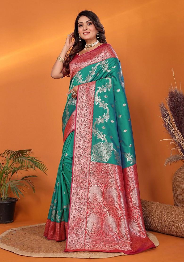 Teal Zari Printed Blended Saree Set - Indya