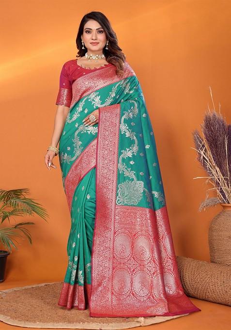 Teal Zari Printed Blended Saree Set