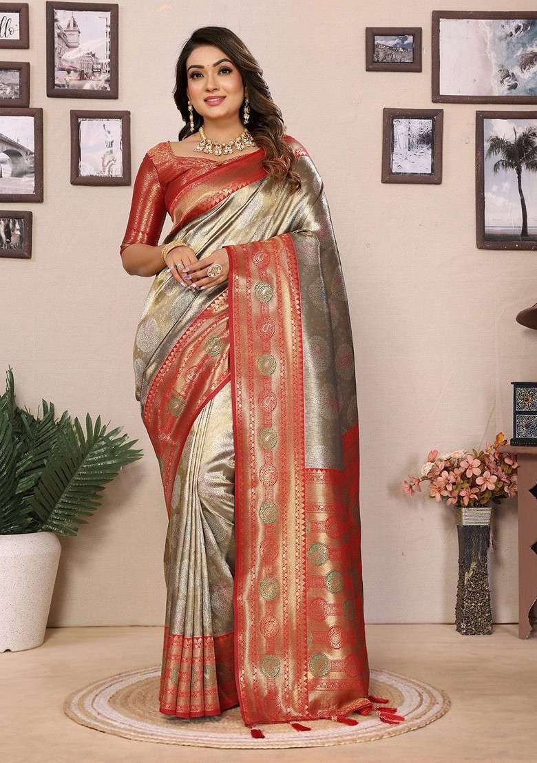 Gold Blended Saree Set with Embroidered for Diwali | Wedding & Festive Wear - Indya