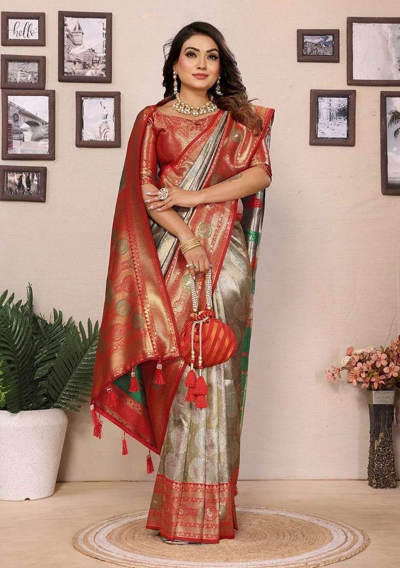 Gold Embroidered Blended Saree Set - Indya