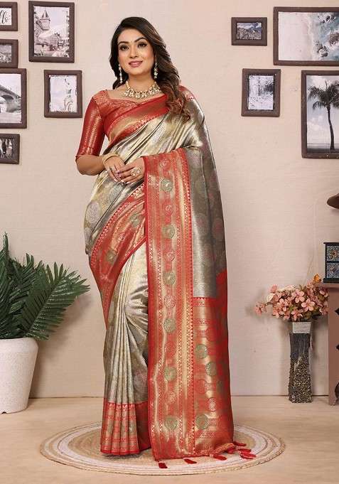 Gold Blended Saree Set with Embroidered for Diwali | Wedding & Festive Wear