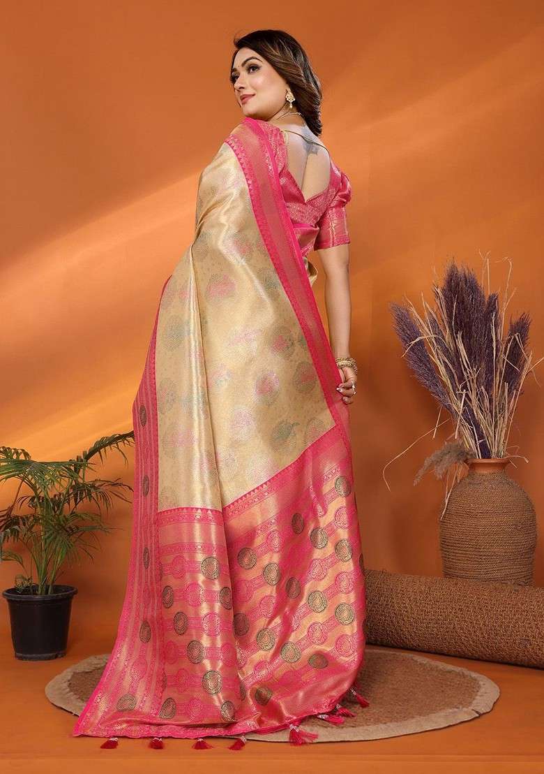 Beige Zari Printed Blended Saree Set - Indya