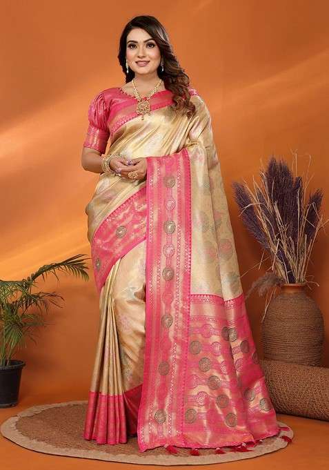 Beige Zari Printed Blended Saree Set for Diwali and Festive Wear