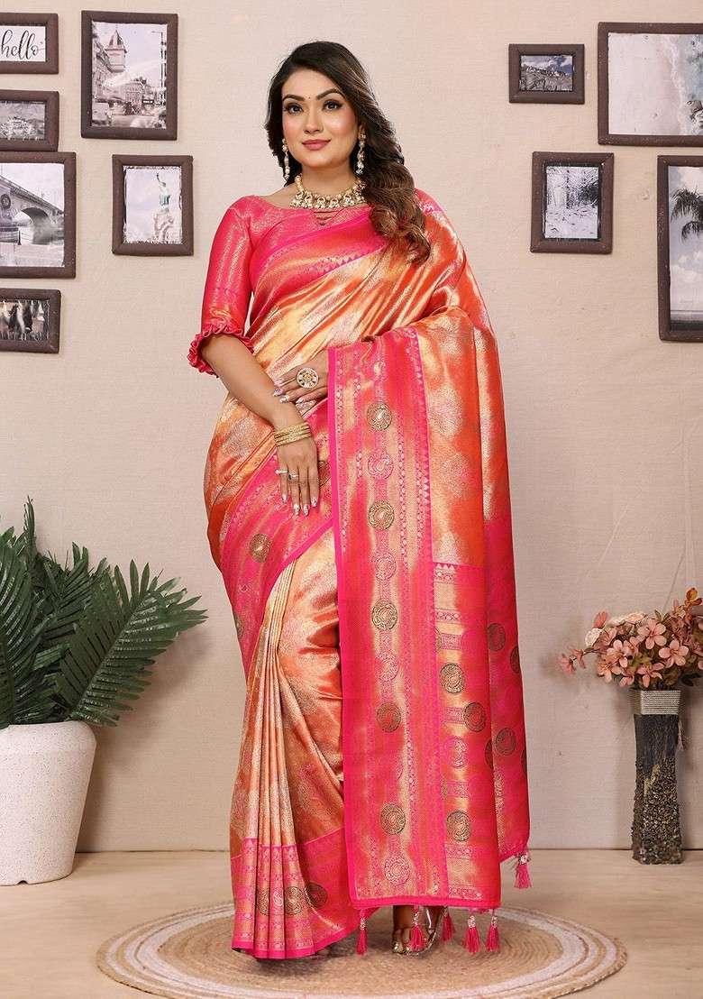 Orange Zari Blended Saree Set with Printed for Diwali | Wedding & Festive Wear - Indya