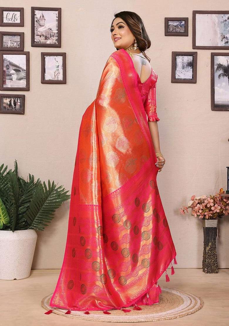 Orange Zari Blended Saree Set with Printed for Diwali | Wedding & Festive Wear - Indya