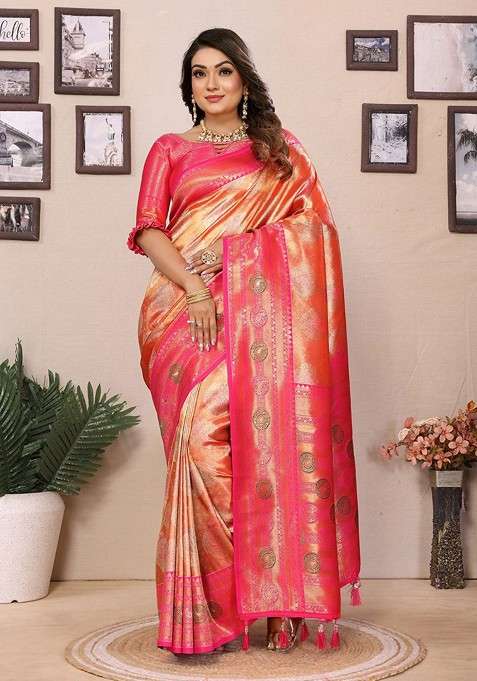 Orange Zari Blended Saree Set with Printed for Diwali | Wedding & Festive Wear