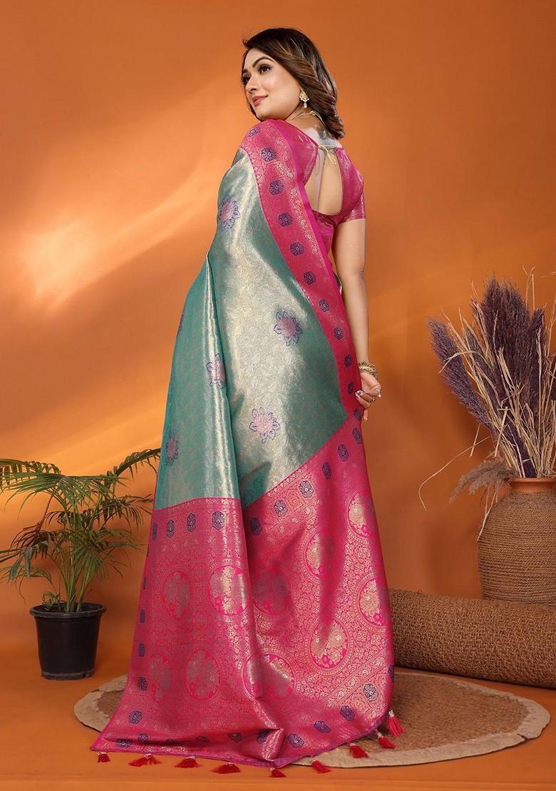 Green Zari Printed Blended Saree Set - Indya