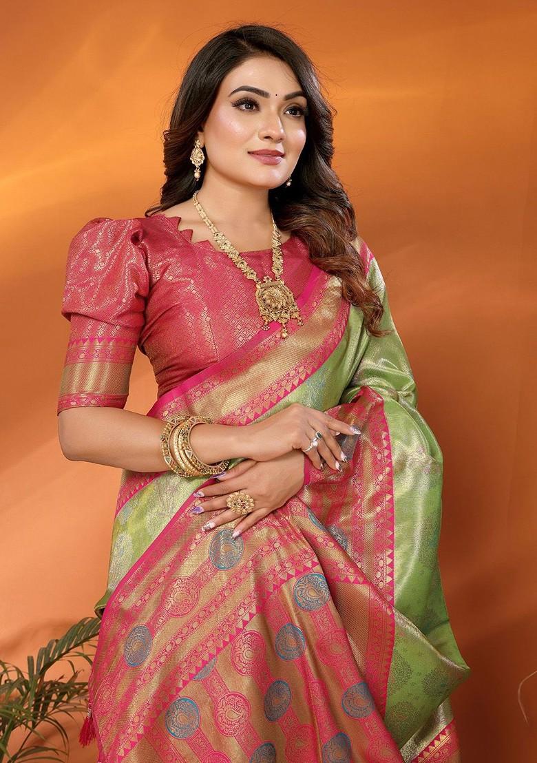 Green Zari Printed Blended Saree Set - Indya