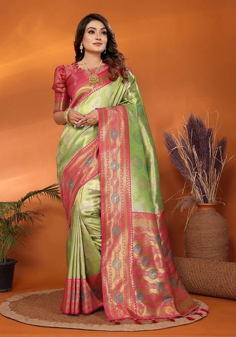 Green Zari Printed Blended Saree Set