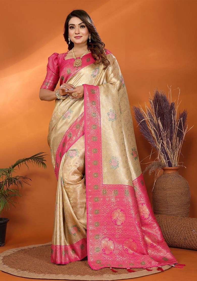 Beige Blended Saree Set with Printed for Diwali | Wedding & Festive Wear - Indya