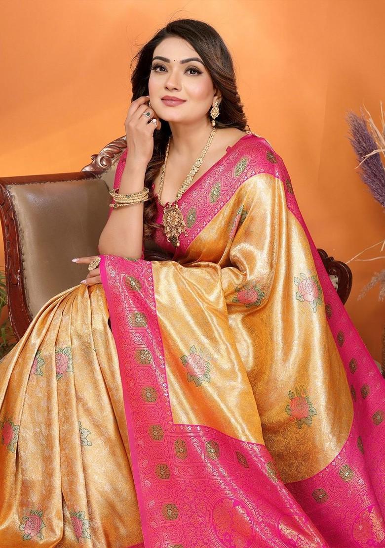 Yellow Zari Printed Blended Saree Set - Indya