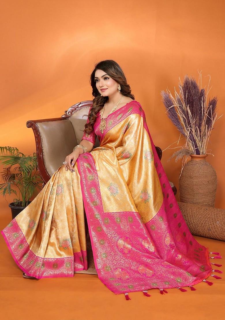 Yellow Zari Printed Blended Saree Set - Indya