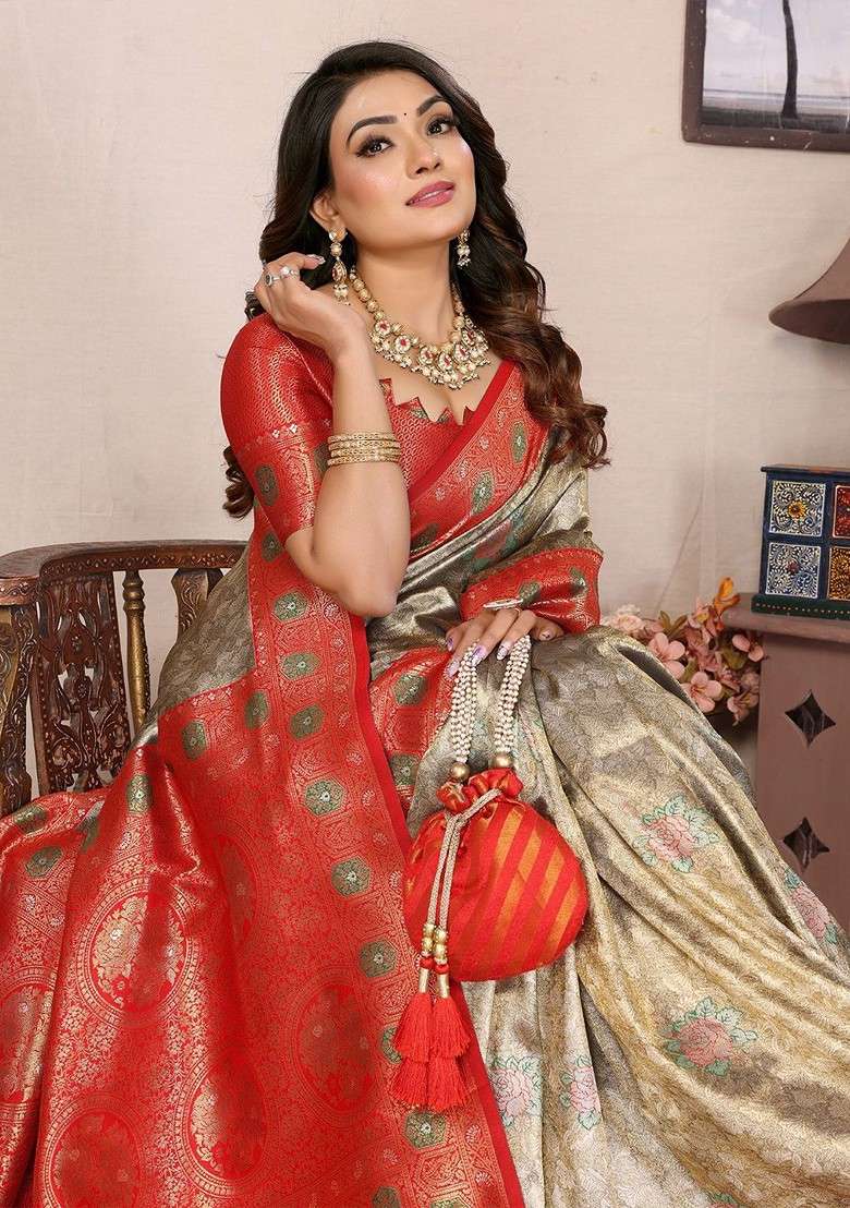 Gold Zari Printed Blended Saree Set for Diwali and Festive Wear - Indya