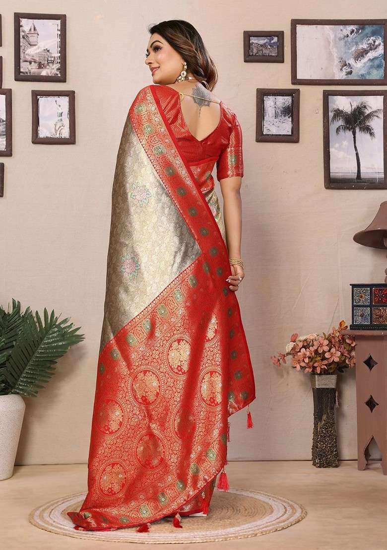 Gold Zari Printed Blended Saree Set - Indya