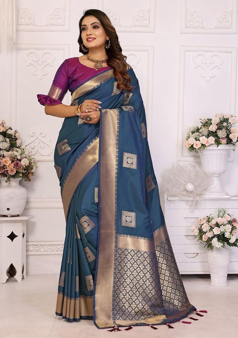 Teal Zari Printed Blended Saree Set - Indya