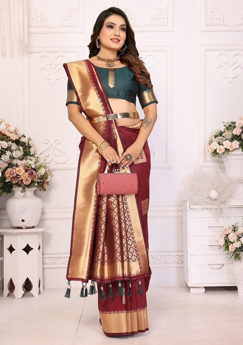 Maroon Zari Printed Blended Saree Set - Indya
