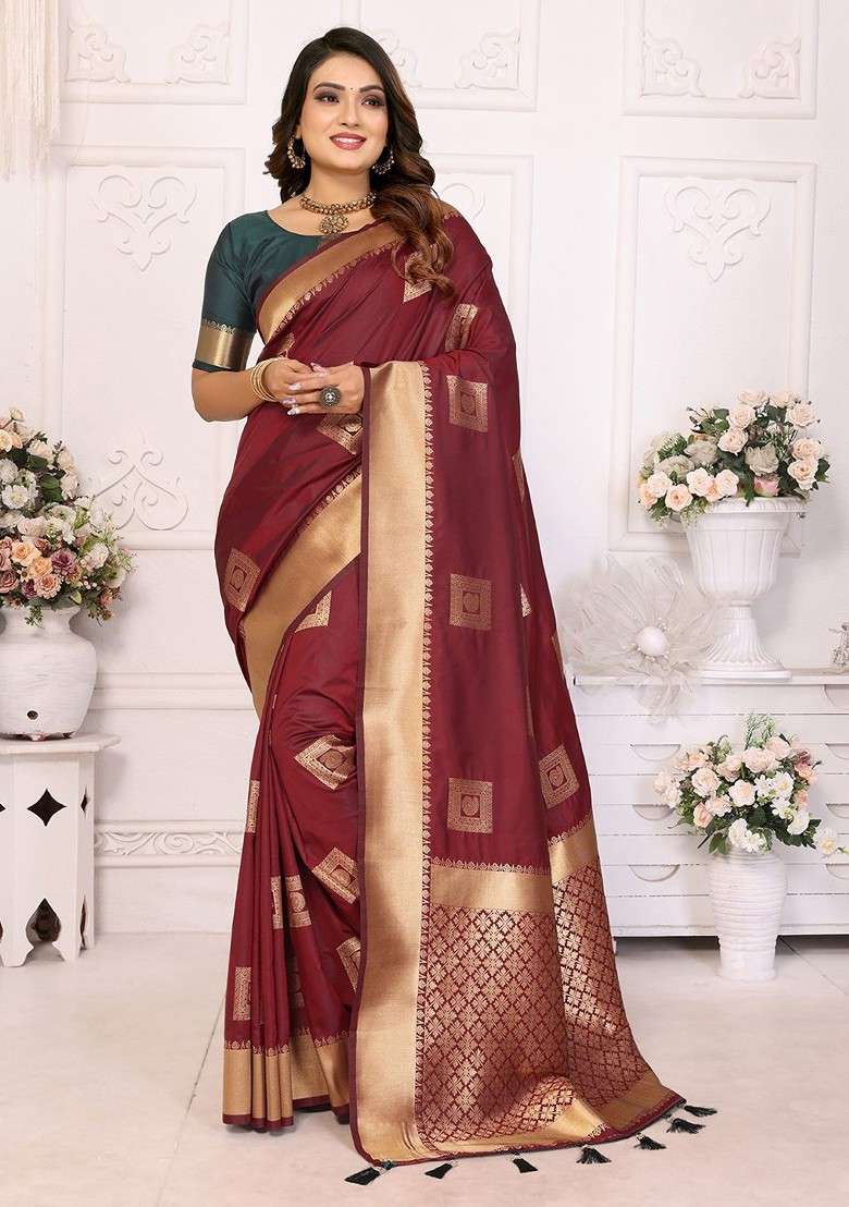 Maroon Zari Printed Blended Saree Set for Diwali and Festive Wear - Indya