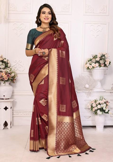 Maroon Zari Printed Blended Saree Set