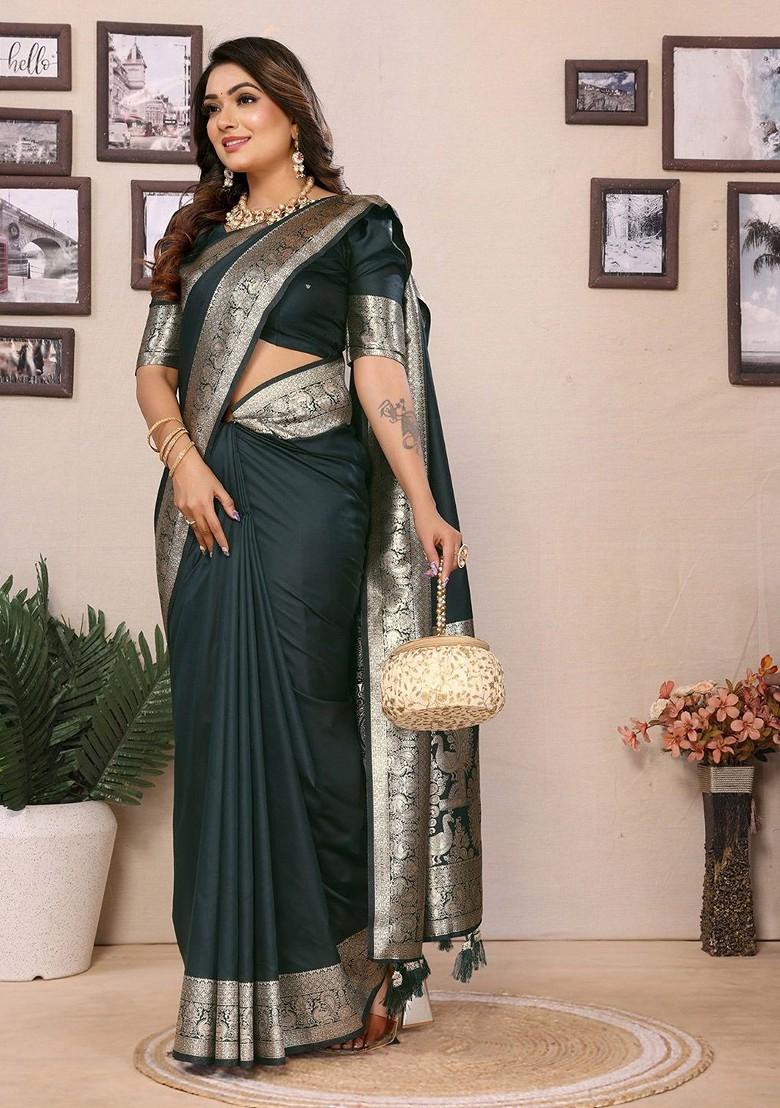 Green Zari Printed Blended Saree Set - Indya