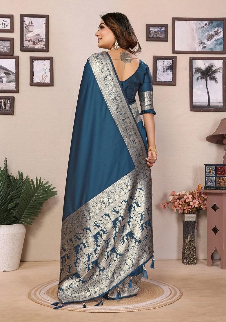 Teal Zari Printed Blended Saree Set - Indya
