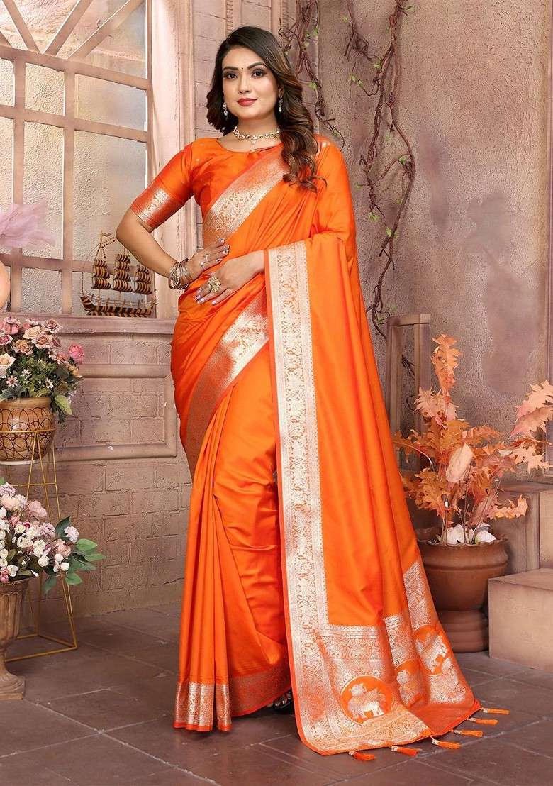 Orange Zari Printed Blended Saree Set - Indya