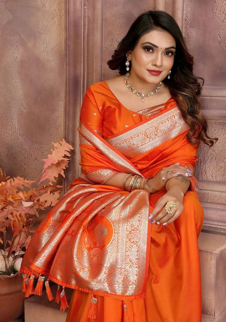 Orange Zari Printed Blended Saree Set - Indya