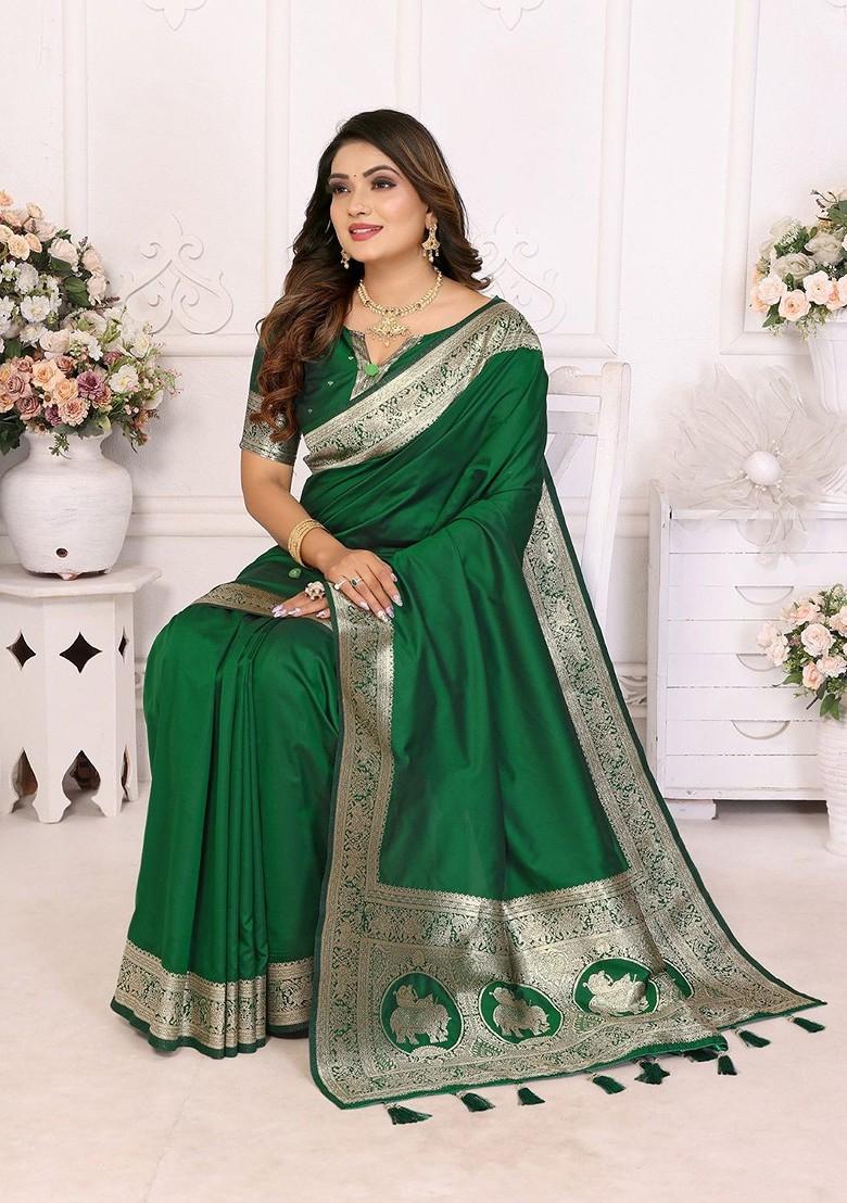 Green Zari Printed Blended Saree Set - Indya