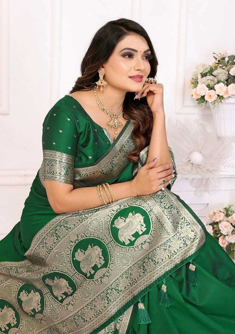 Green Zari Printed Blended Saree Set - Indya