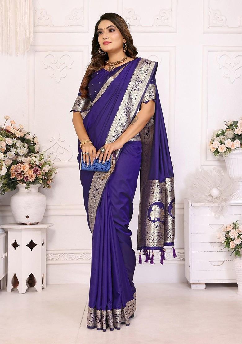 Blue Zari Printed Blended Saree Set - Indya