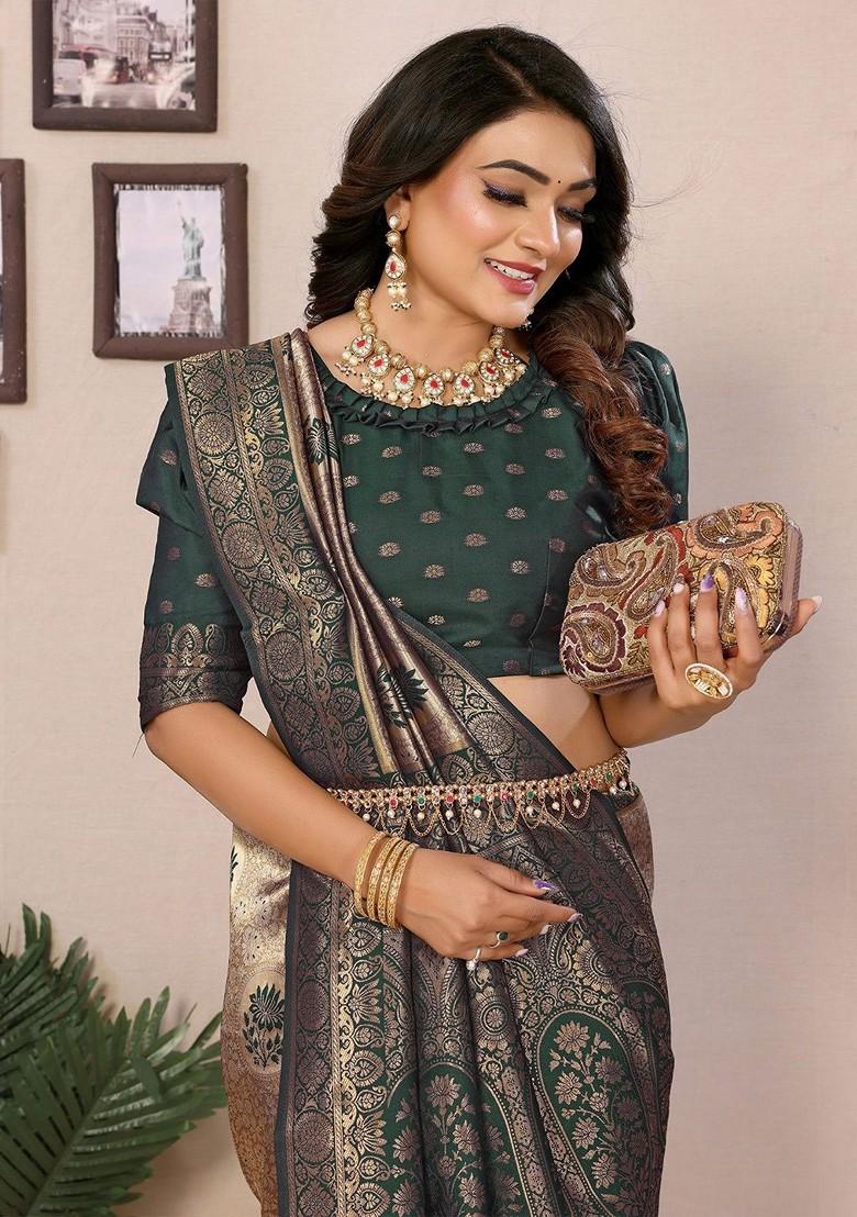 Green Zari Printed Blended Saree Set - Indya