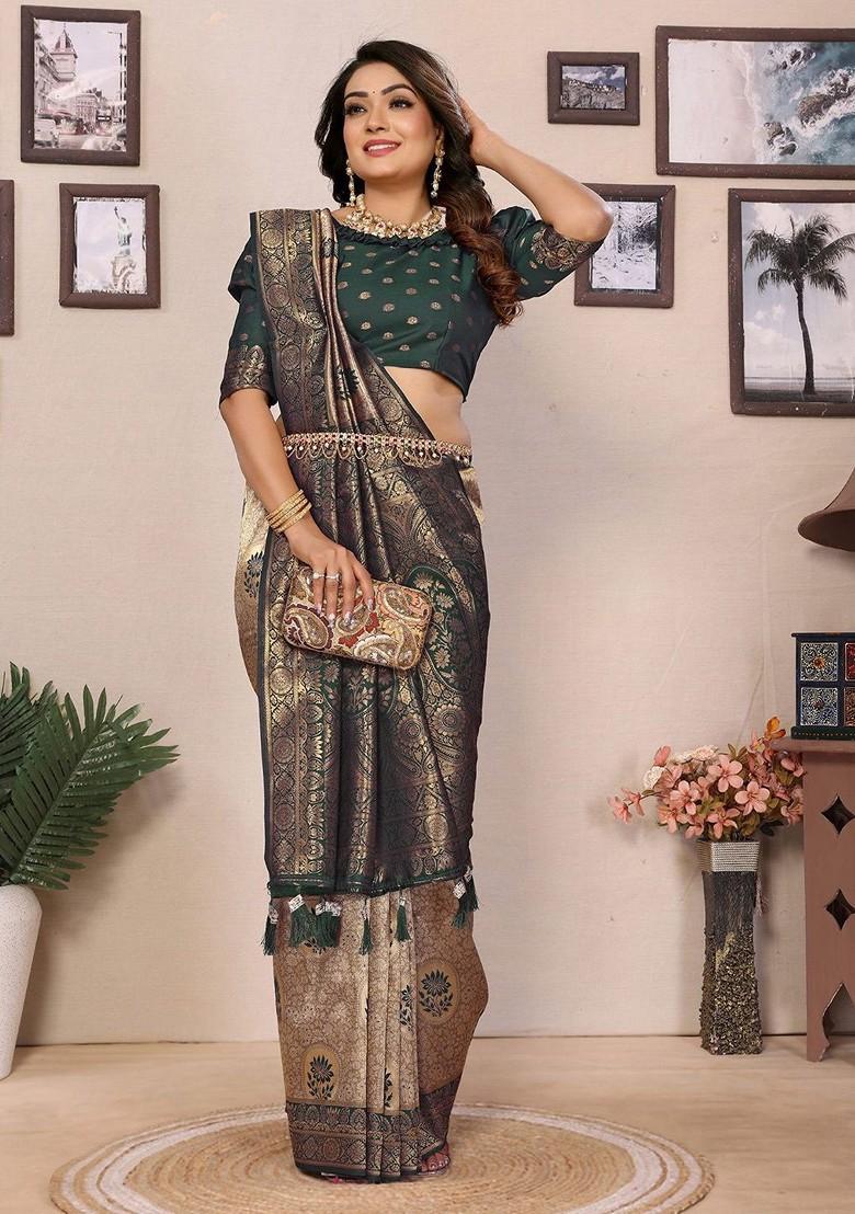 Green Zari Printed Blended Saree Set - Indya