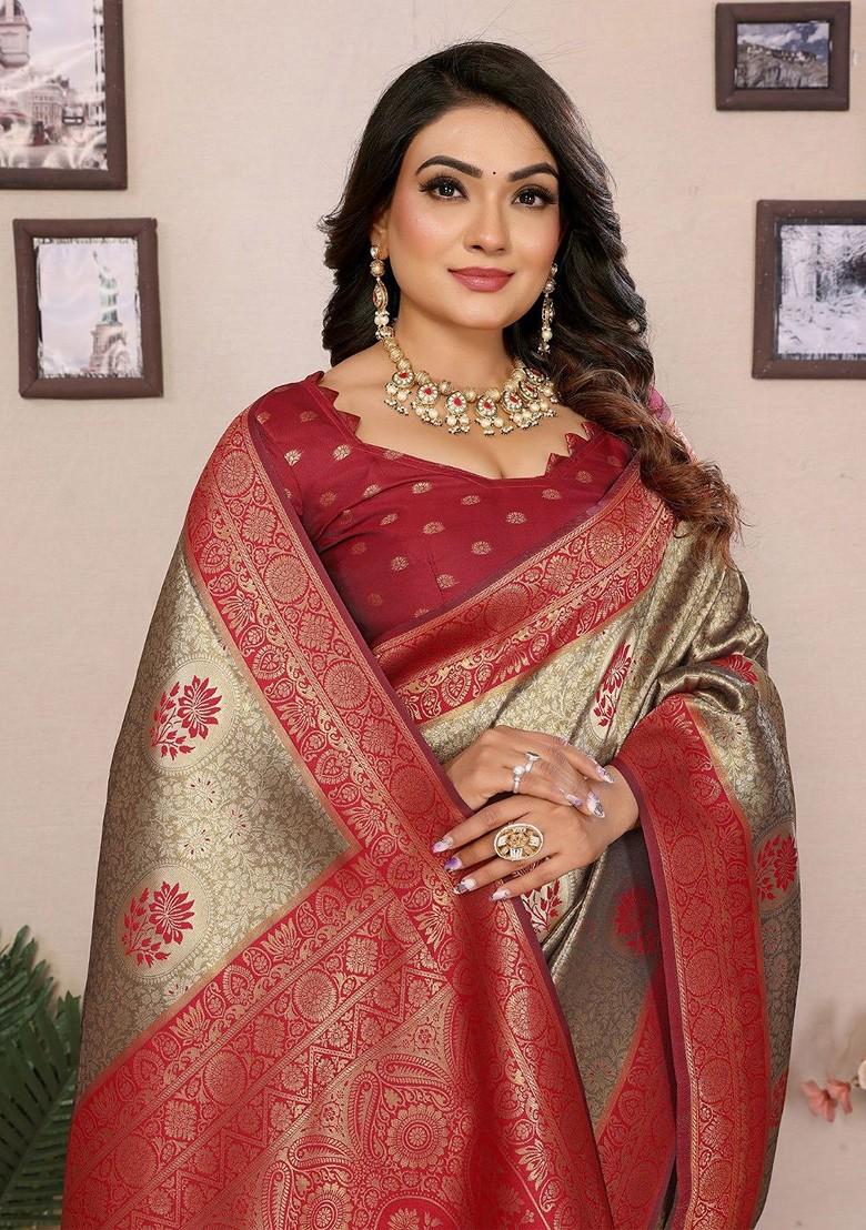 Red Zari Printed Blended Saree Set - Indya