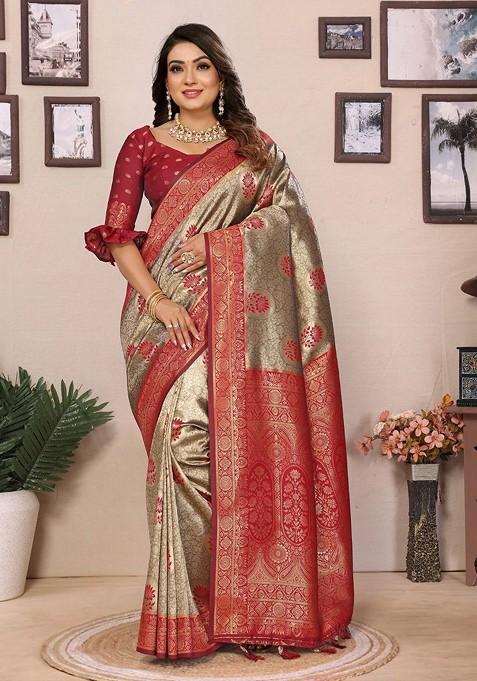 Red Zari Printed Blended Saree Set