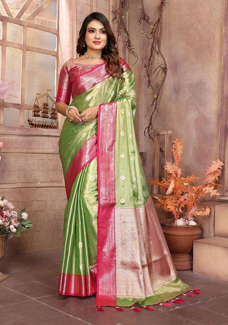Green Zari Printed Blended Saree Set - Indya