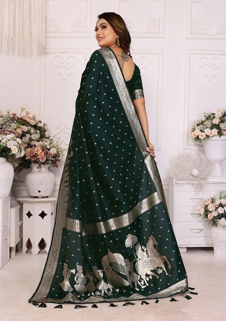 Green Zari Printed Blended Saree Set - Indya