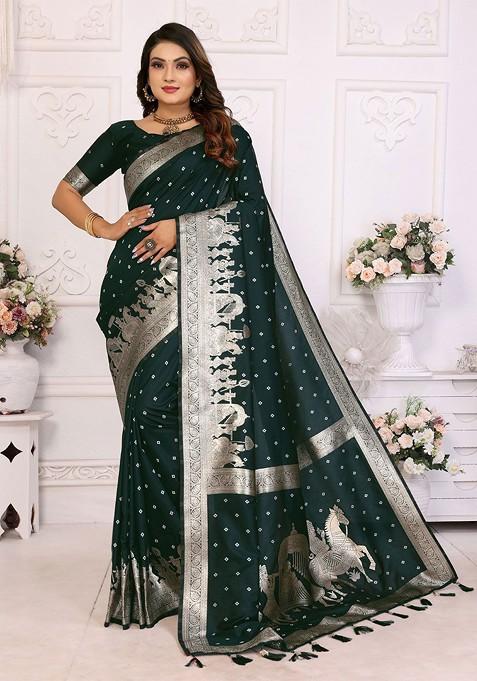 Green Zari Printed Blended Saree Set