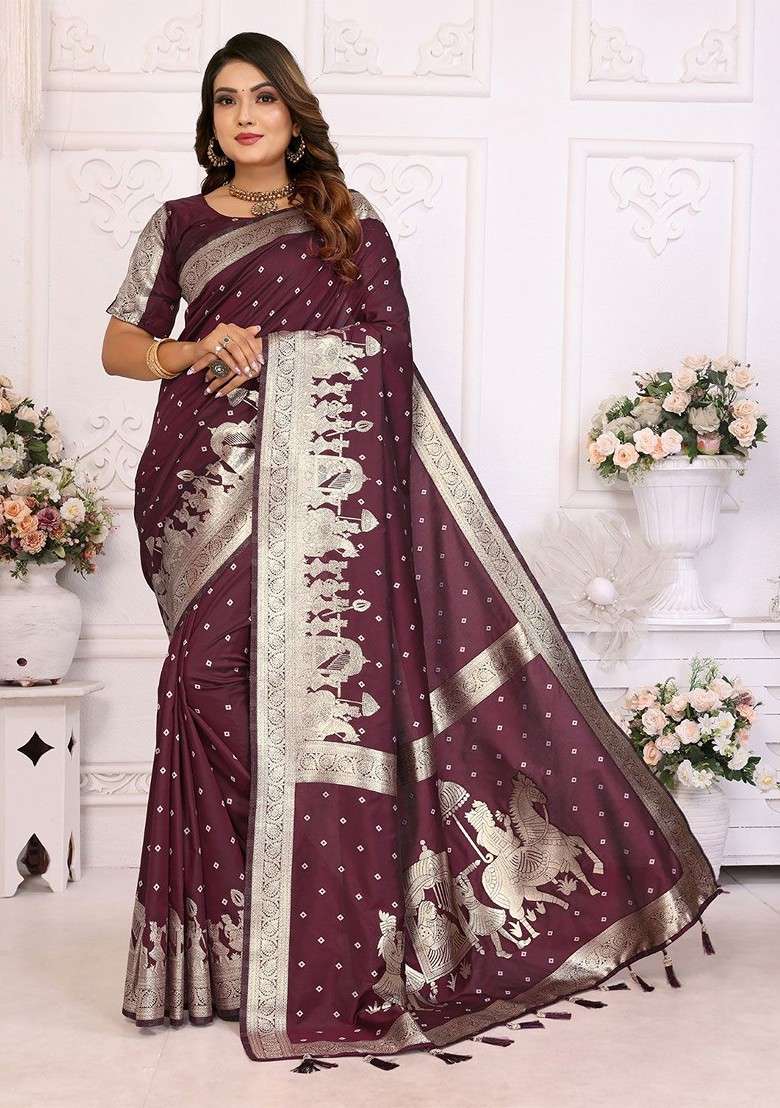 Burgundy Zari Printed Blended Saree Set for Diwali and Festive Wear - Indya