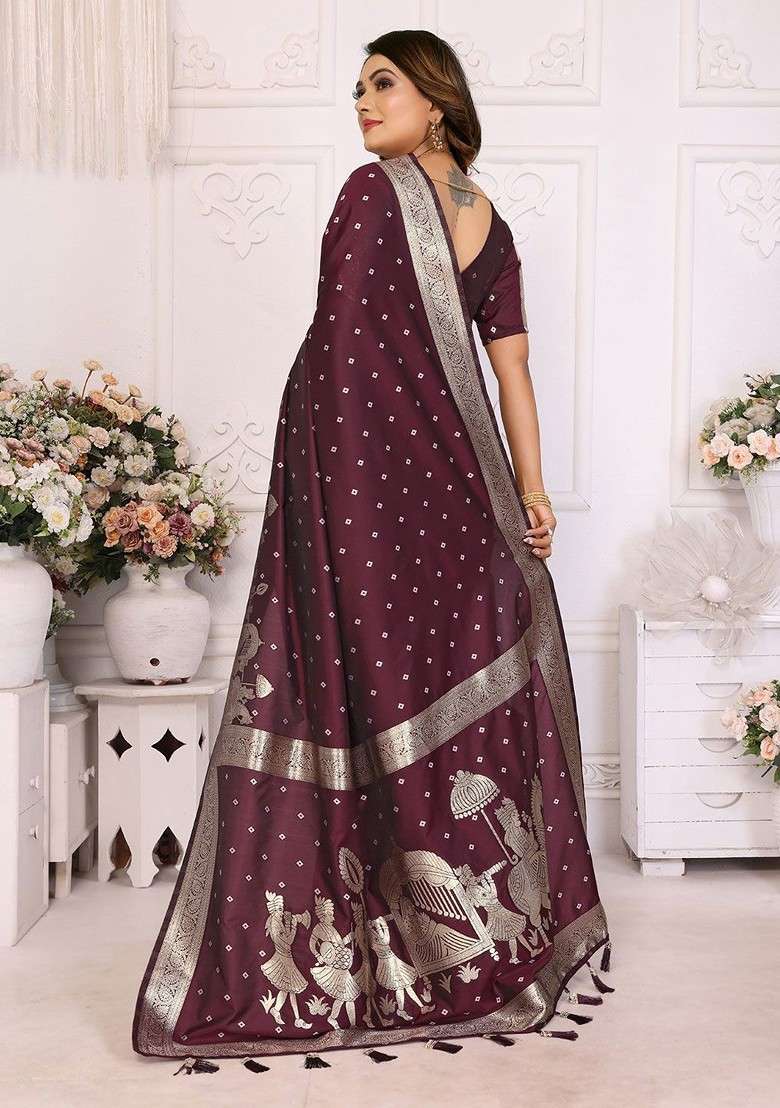 Burgundy Zari Printed Blended Saree Set for Diwali and Festive Wear - Indya