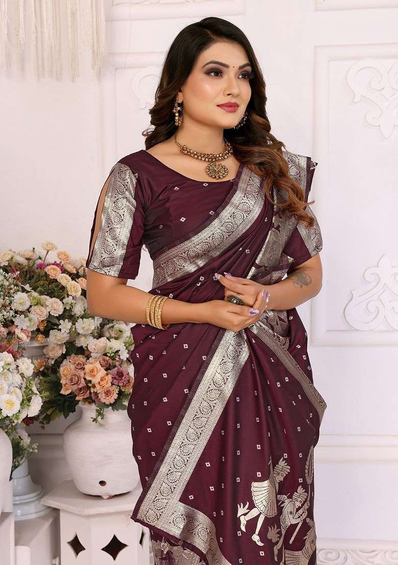 Burgundy Zari Printed Blended Saree Set for Diwali and Festive Wear - Indya