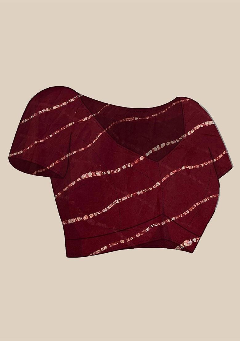 Red Printed Blended Saree Set - Indya